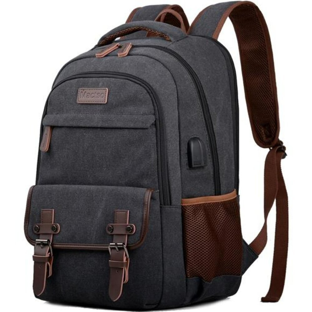 Canvas Laptop Backpack Men Women Travel School Bag Fits 15.6 Inch USB Port